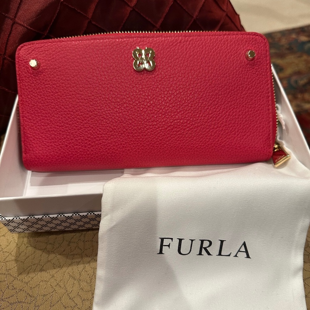 Furla Leather Red Long Wallet With Box and Bag, NWOT